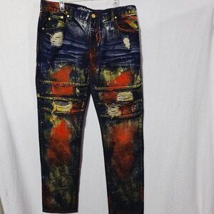 Rogue Vintage Fashion Jeans Blue Multicolor Painted Distressed Zipper W38/L33